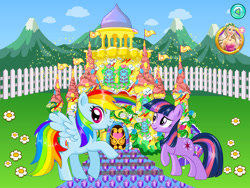 Size: 800x600 | Tagged: safe, artist:user15432, derpibooru import, rainbow dash, twilight sparkle, pegasus, pony, unicorn, castle, dressup games, dressupwho, flag, flag pole, flash game, missing horn, stock vector