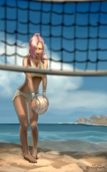 Size: 701x1123 | Tagged: safe, artist:ponyrake, fluttershy, human, beach volleyball, bikini, clothes, female, humanized, solo, swimsuit, volleyball