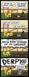 Size: 600x1601 | Tagged: safe, artist:zicygomar, carrot top, derpy hooves, golden harvest, earth pony, pegasus, pony, unicorn, background pony, carrot top is not amused, comic, digging, duo, female, hat, hole, mare, shovel