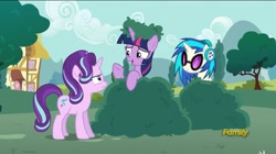 Size: 960x539 | Tagged: safe, screencap, dj pon-3, starlight glimmer, twilight sparkle, twilight sparkle (alicorn), vinyl scratch, alicorn, pony, no second prances, discovery family logo, female, hide and seek, mare