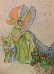 Size: 667x915 | Tagged: safe, artist:tacotron2000, queen chrysalis, thorax, changedling, changeling, changeling queen, to where and back again, defeated, king thorax, traditional art