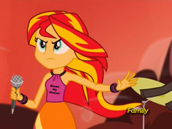 Size: 1422x1072 | Tagged: safe, edit, edited screencap, idw, screencap, sunset shimmer, equestria girls, rainbow rocks, blame my sister, luna's shirt, magic shirt, sunset's shirt meme