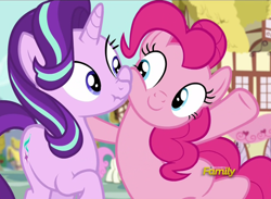 Size: 1038x760 | Tagged: safe, screencap, pinkie pie, starlight glimmer, earth pony, pony, unicorn, no second prances, c:, cute, diapinkes, discovery family logo, eye contact, female, glimmerbetes, mare, nose wrinkle, nuzzling, scrunchy face, shipping fuel, smiling, squishy cheeks, wide eyes