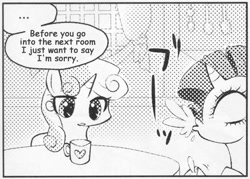 Size: 545x390 | Tagged: safe, rarity, sweetie belle, pony, unicorn, ..., exploitable meme, female, many many pony, meme, monochrome, mug, spit take