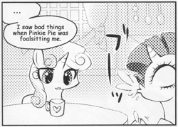 Size: 545x390 | Tagged: safe, rarity, sweetie belle, pony, unicorn, ..., exploitable meme, female, many many pony, meme, monochrome, mug, spit take