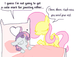 Size: 800x600 | Tagged: safe, artist:the weaver, fluttershy, sweetie belle, pegasus, pony, bandage, bed, dialogue, simple background, white background