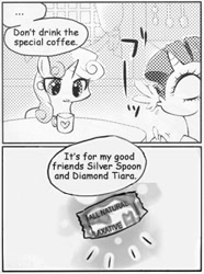 Size: 254x342 | Tagged: safe, rarity, sweetie belle, pony, unicorn, ..., exploitable meme, female, filly, laxative, many many pony, mare, meme, monochrome, mug, spit take