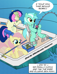 Size: 618x800 | Tagged: safe, artist:capnchryssalid, bon bon, fluttershy, lyra heartstrings, sweetie drops, pegasus, pony, boat, fishing, sea sick, sea sickness