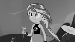 Size: 1280x714 | Tagged: safe, edit, screencap, sunset shimmer, equestria girls, rainbow rocks, monochrome, nwo, sunset's shirt meme, wcw