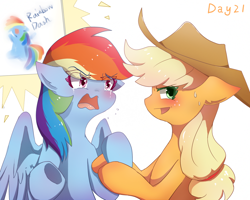 Size: 1280x1024 | Tagged: safe, artist:irenla, derpibooru import, applejack, rainbow dash, earth pony, pegasus, pony, appledash, argument, cowboy hat, crying, duo, female, freckles, hat, lesbian, shipping, stetson