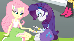 Size: 1366x768 | Tagged: safe, artist:russel-gorillazswag, screencap, fluttershy, rarity, sunset shimmer, equestria girls, rainbow rocks, bedroom eyes, boots, bracelet, clothes, eyeshadow, high heel boots, jewelry, journey book, nail polish, sitting, skirt, socks