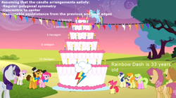 Size: 1198x673 | Tagged: safe, derpibooru import, apple bloom, applejack, bon bon, carrot top, cheese sandwich, daisy, dizzy twister, flower wishes, golden harvest, orange swirl, pinkie pie, rainbow dash, rarity, sweetie drops, twinkleshine, earth pony, pegasus, pony, unicorn, pinkie pride, age, birthday, cake, candle