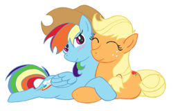 Size: 1051x674 | Tagged: safe, artist:feather, derpibooru import, applejack, rainbow dash, earth pony, pegasus, pony, accessory swap, appledash, blushing, eyes closed, female, lesbian, shipping