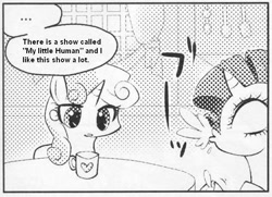 Size: 546x395 | Tagged: safe, rarity, sweetie belle, pony, unicorn, ..., exploitable meme, female, many many pony, meme, monochrome, mug, spit take