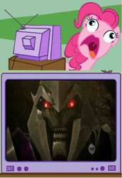 Size: 563x817 | Tagged: safe, pinkie pie, earth pony, pony, derp, faic, hot nuts, hub logo, megatron, meme, pinkie frogmouth, transformers, transformers prime