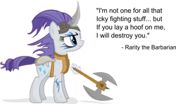 Size: 1600x943 | Tagged: safe, artist:jittery-the-dragon, rarity, pony, unicorn, alternate hairstyle, axe, barbarian, clothes, pathfinder, profile, solo