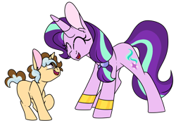 Size: 1024x715 | Tagged: safe, artist:korgikardigan, starlight glimmer, oc, oc:cheese whiz, pony, unicorn, aunt, bracelet, cute, eyes closed, female, glimmerbetes, jewelry, mare, older, open mouth, parent:cheese sandwich, parent:trixie, parents:cheesixie, smiling
