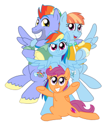 Size: 1850x2066 | Tagged: safe, artist:crazynutbob, derpibooru import, bow hothoof, rainbow dash, scootaloo, windy whistles, pegasus, pony, chest fluff, family, female, honorary sister, rainbow dash's parents, simple background, transparent background