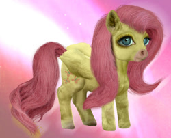 Size: 800x647 | Tagged: safe, artist:hitsuji16, fluttershy, pegasus, pony, abstract background, cheek fluff, chest fluff, creepy, ear fluff, female, fluffy, leg fluff, looking at you, mare, realistic, smiling, solo, uncanny valley, untooned, wing fluff