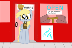 Size: 1501x1001 | Tagged: safe, artist:lorettafox, derpy hooves, pegasus, pony, female, manehattan, mare, muffin