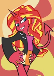 Size: 752x1063 | Tagged: safe, artist:rich-jammer, sunset satan, sunset shimmer, demon, human, fangs, horned humanization, humanized, panty and stocking with garterbelt, scanty, style emulation, tail