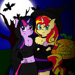Size: 1024x1024 | Tagged: safe, artist:megajack, sunset shimmer, twilight sparkle, anthro, bat, arm around neck, bare shoulders, belly button, blushing, breasts, chest fluff, cleavage, clothes, crossed arms, dead tree, duo, friendshipping, full moon, halloween, jack-o-lantern, looking at you, midriff, moon, platonic, pumpkin, short shirt, shoulder fluff, signature, smiling, tree, witch