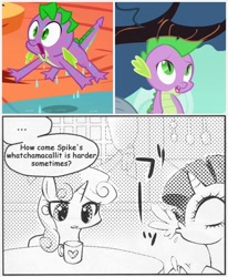 Size: 545x660 | Tagged: safe, edit, edited screencap, screencap, rarity, spike, sweetie belle, dragon, pony, unicorn, a dog and pony show, the return of harmony, comic, dialogue, female, filly, grayscale, innocent innuendo, male, many many pony, mare, meme, monochrome, mug, screencap comic, spit take, table, text