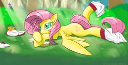 Size: 2348x1200 | Tagged: safe, artist:munkari, fluttershy, pegasus, pony, clothes, female, mare, socks