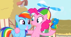 Size: 1912x1013 | Tagged: safe, derpibooru import, screencap, pinkie pie, rainbow dash, earth pony, pegasus, pony, pinkie pride, aweeg*, cupcake, hat, propeller hat, puffy cheeks, rainbow cupcake