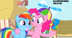 Size: 1912x1013 | Tagged: safe, derpibooru import, screencap, pinkie pie, rainbow dash, earth pony, pegasus, pony, fanfic:cupcakes, pinkie pride, aweeg*, cupcake, hat, propeller hat, puffy cheeks, rainbow cupcake