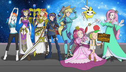 Size: 3000x1711 | Tagged: safe, artist:mono-phos, angel bunny, applejack, fluttershy, pinkie pie, rainbow dash, rarity, spike, sunset shimmer, twilight sparkle, human, barefoot, belly button, clothes, colored, crossover, dress, feet, fire emblem, humane seven, humane six, humanized, kid icarus, lucina, luma, mane seven, mane six, metroid, midriff, no trigger discipline, palutena, princess peach, princess zelda, rosalina, samus aran, sports bra, super mario bros., super mario galaxy, super smash bros., the legend of zelda, toad (mario bros), wii fit trainer, zero suit