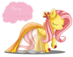 Size: 1341x1053 | Tagged: safe, artist:tiffanymarsou, fluttershy, pegasus, pony, clothes, dress, gala dress