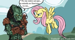 Size: 900x481 | Tagged: safe, artist:frank1605, artist:highdarktemplar, fluttershy, pegasus, pony, predator (franchise), spanish, translated in the comments, translation, yautja