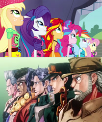 Size: 700x840 | Tagged: safe, screencap, applejack, fluttershy, pinkie pie, rainbow dash, rarity, sunset shimmer, equestria girls, rainbow rocks, humane six, jean pierre polnareff, jojo's bizarre adventure, joseph joestar, jotaro kujo, mohammed avdol, noriaki kakyoin, shine like rainbows, stardust crusaders, the rainbooms