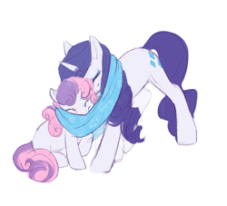 Size: 594x540 | Tagged: source needed, useless source url, safe, artist:noel, rarity, sweetie belle, pony, unicorn, clothes, female, scarf, sisterly love, sisters