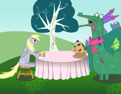 Size: 900x697 | Tagged: safe, artist:scribble31, crackle, derpy hooves, dragon, pegasus, pony, female, mare, muffin