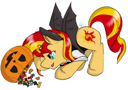 Size: 2841x1999 | Tagged: safe, artist:lyx-d, sunset shimmer, pony, unicorn, candy, clothes, costume, jack-o-lantern, nightmare night costume, pumpkin bucket, simple background, solo, transparent background