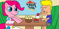 Size: 1079x537 | Tagged: safe, artist:drpokeponydork, pinkie pie, earth pony, pony, beavis, beavis and butthead, cheese sticks, female, male, pizza hut, shipping, straight