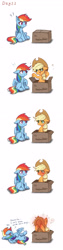 Size: 1300x5180 | Tagged: safe, artist:irenla, derpibooru import, applejack, rainbow dash, earth pony, pegasus, pony, appledash, blushing, blushing profusely, box, comic, cute, dashabetes, duo, embarrassed, female, jack in the box, jackabetes, lesbian, shipping, smiling