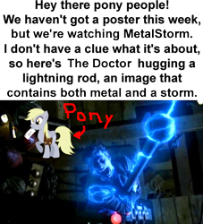 Size: 500x551 | Tagged: safe, derpy hooves, doctor who, metalstorm, ponibooru film night, text