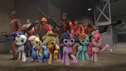 Size: 1024x576 | Tagged: safe, derpibooru import, applejack, fluttershy, pinkie pie, rainbow dash, rarity, twilight sparkle, earth pony, pegasus, pony, unicorn, 3d, crossover, engineer, medic, pyro, scout, sniper, source filmmaker, spy, team fortress 2