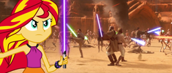 Size: 700x298 | Tagged: safe, sunset shimmer, equestria girls, rainbow rocks, battle droids, jedi, lightsaber, mace windu, obi wan kenobi, star wars