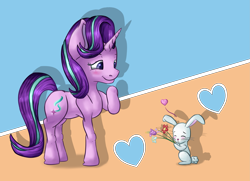 Size: 2749x1991 | Tagged: dead source, safe, artist:itresad, angel bunny, starlight glimmer, pony, rabbit, unicorn, no second prances, blushing, eyes closed, female, heart, love, male, offering, raised hoof, scene interpretation, shipping, starbunny, straight