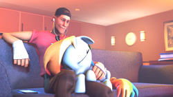 Size: 1024x576 | Tagged: safe, derpibooru import, rainbow dash, pegasus, pony, 3d, crossover, scout, sleeping, source filmmaker, team fortress 2