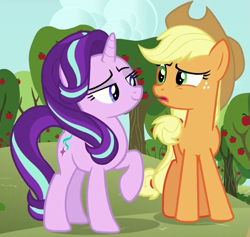 Size: 707x671 | Tagged: safe, screencap, applejack, starlight glimmer, earth pony, pony, unicorn, no second prances, female, hat, lidded eyes, mare, smug