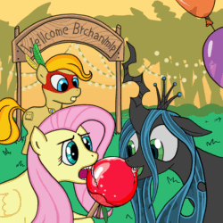 Size: 1000x1000 | Tagged: artist needed, safe, fluttershy, queen chrysalis, oc, changeling, changeling queen, pegasus, pony, apple, balloon, brazil, brchan, candy apple (food), eating, face paint, feather, food, welcome