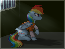 Size: 2007x1509 | Tagged: safe, artist:haruhi-il, derpibooru import, rainbow dash, pegasus, pony, backwards cutie mark, bound wings, chains, clothes, floppy ears, jail, prison, prison outfit, prisoner rd, sad, solo