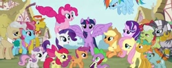 Size: 600x240 | Tagged: safe, derpibooru import, screencap, apple bloom, applejack, big macintosh, carrot cake, cup cake, fluttershy, granny smith, mayor mare, pinkie pie, rainbow dash, rarity, scootaloo, snails, snips, spike, starlight glimmer, sweetie belle, twilight sparkle, twilight sparkle (alicorn), zecora, alicorn, dragon, earth pony, pegasus, pony, unicorn, zebra, book, cutie mark, cutie mark crusaders, female, filly, mane seven, mane six, ponyville, quill, the cmc's cutie marks