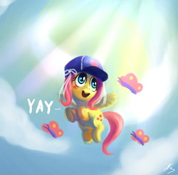 Size: 1200x1180 | Tagged: dead source, safe, artist:ninjaham, fluttershy, butterfly, pegasus, pony, baseball cap, cap, cloud, crepuscular rays, cute, female, filly, filly fluttershy, hat, ribbon, shyabetes, solo, sunlight, younger