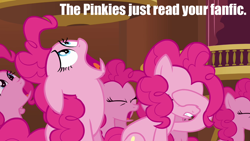 Size: 1280x720 | Tagged: safe, edit, edited screencap, screencap, pinkie pie, earth pony, pony, too many pinkie pies, caption, clone, clones, facehoof, fanfic, female, image macro, mare, meme, pinkie clone, reaction image, sitting